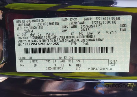 2025 Ford F-150 Lariat из США, поврежденный, VIN 1FTFW5L52SFA11255